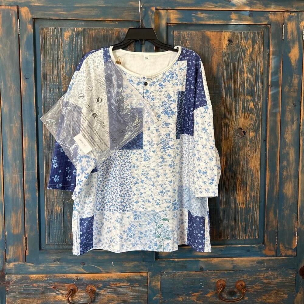 Blue and white patchwork blouse